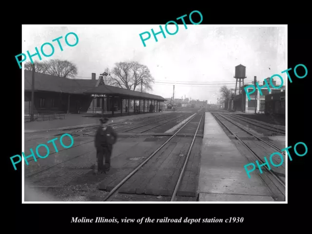 OLD LARGE HISTORIC PHOTO OF MOLINE ILLINOIS THE RAILROAD DEPOT STATION c1930
