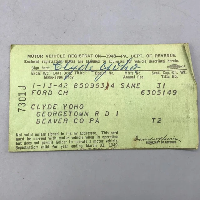 Vintage Motor Vehicle Registration FOR SALE! - PicClick