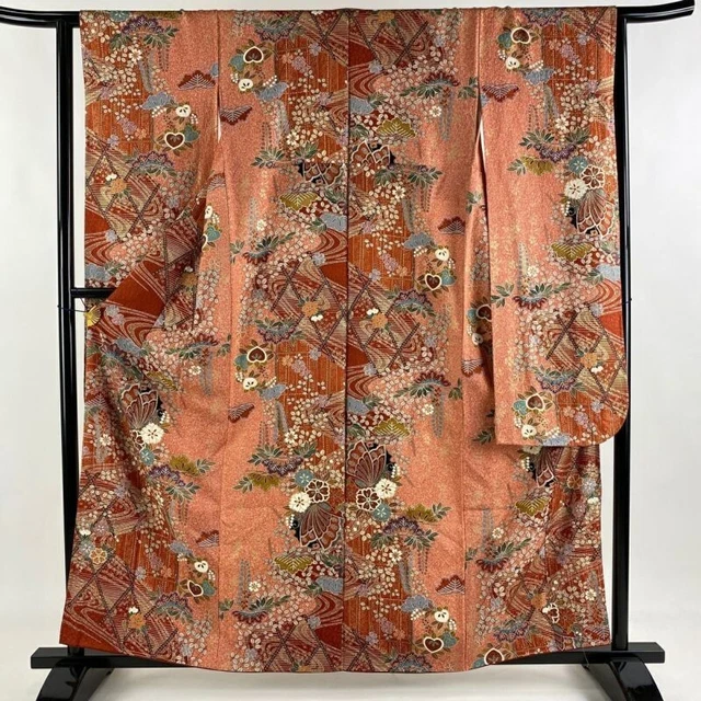 Japanese Kimono Furisode Pure Silk Butterfly Flowering Plant Lame Pink