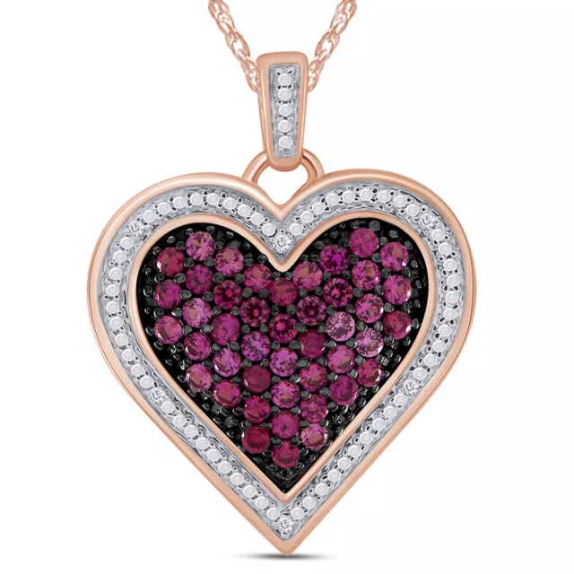 Simulated Pink Ruby & Cubic Zirconia Heart Pendant Necklace 925 Sterling Silver