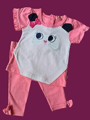 New Baby Girls Kitten Tunic & Leggings Outfit Set Pink Bow Newborn 0-3-6 Months