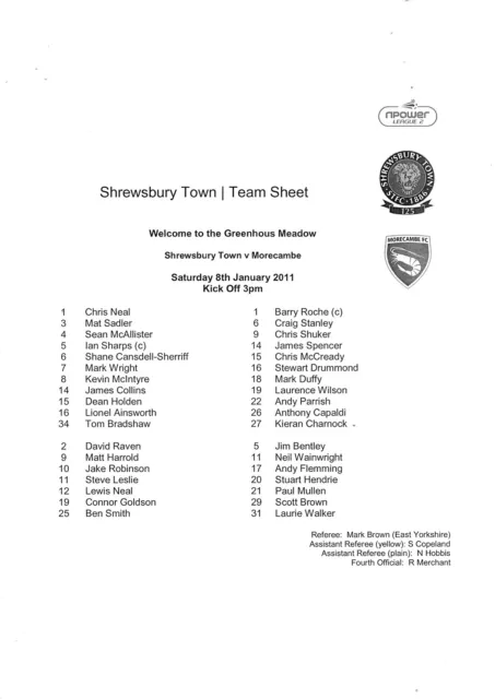 Teamsheet - Shrewsbury Town v Morecambe 2010/11 (8 Jan)