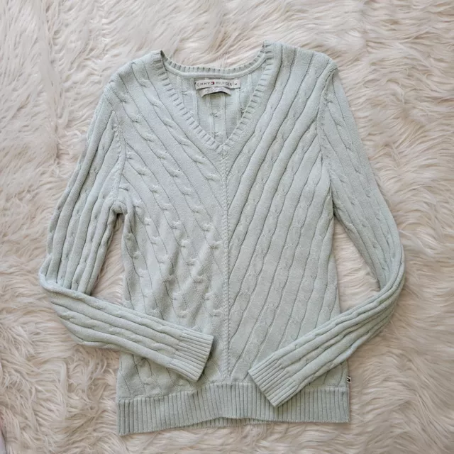 Tommy Hilfiger Womens Size M Sweater Cable Knit Long Sleeve Light Green V Neck