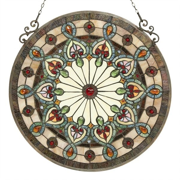 23.5" Tiffany style stained glass rolling round jewles hanging window panel