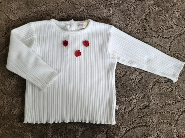 'Marquise' Girls Cream Rib Knit Top, Size 2 Yrs, Flower Applique, Long Sleeve