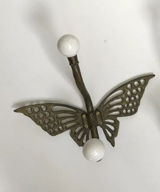 Vintage Brass Butterfly Hook Coat Robe Rack Hanger Porcelain Knobs