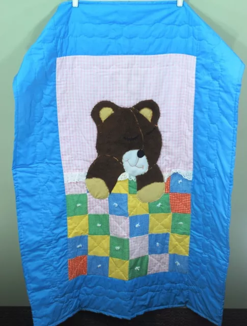 Couverture courtepointe bébé vintage faite à la main - sieste ours en peluche - 54" x 38"