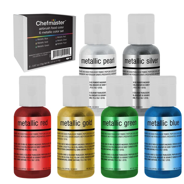Juego de colorantes alimentarios aerógrafo Chefmaster - 6 colores metálicos en 0,7 fl. oz. Botellas