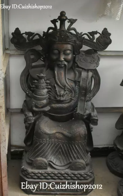 104cm China Bronze Wealth Mammon God on dragon chair Ruyi Treasure bowl statues