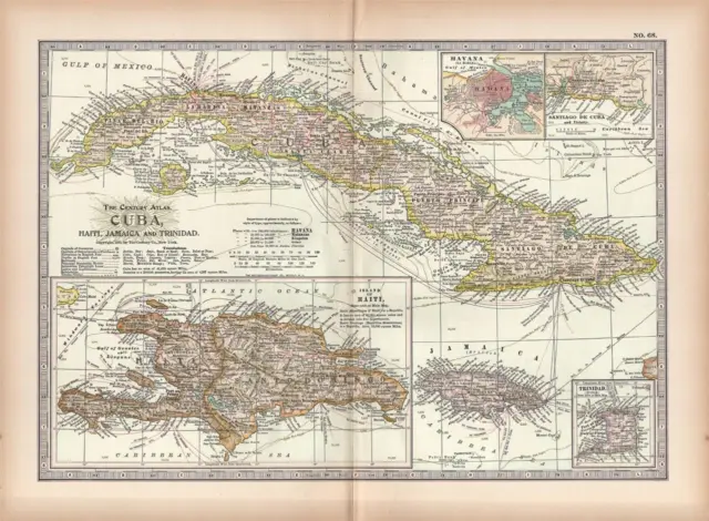 1897 Antique Century Atlas Map-Cuba, Haiti, Jamaica, & Trinidad-Excellent Detail