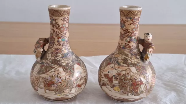 Pair Of Vintage Satsuma Ceramic Vases Japan With Boy As Handle