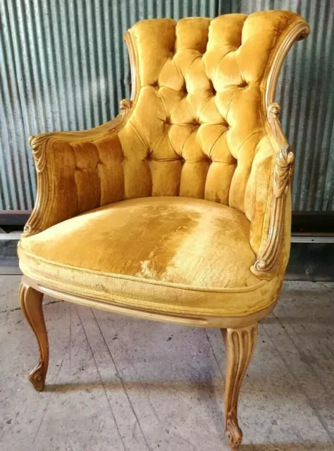 Vintage Chair, Gold Crushed Velvet Upholstered - Tufted & Ornate carved arms