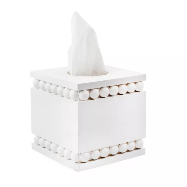 Beaded Square Tissue Box Cover (White); Rustic Farmhouse Wood Tissue Holder