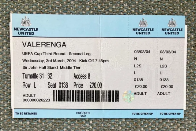 Newcastle United v Valerenga UEFA Cup Football Match Ticket 3 March 2004