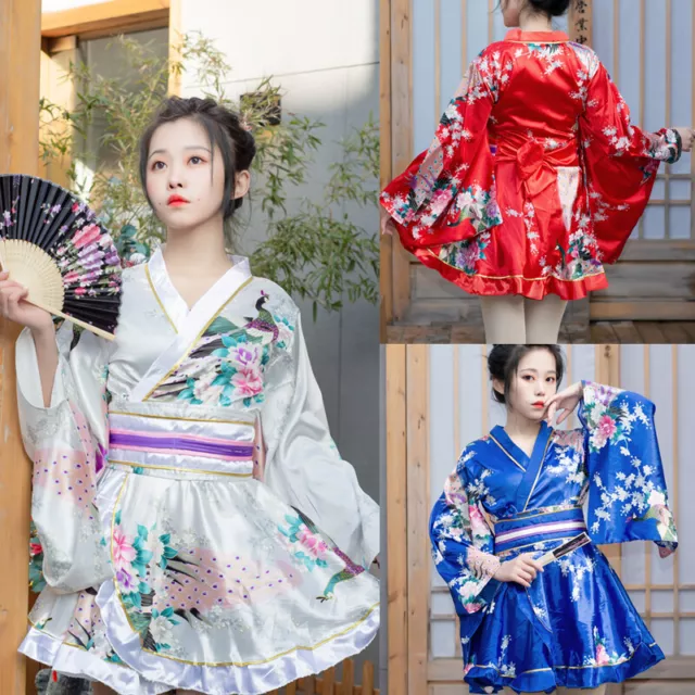 Floral Kimono Satin Ruffle Dress Japanese Bathrobe Yukata Geisha Costume Cosplay