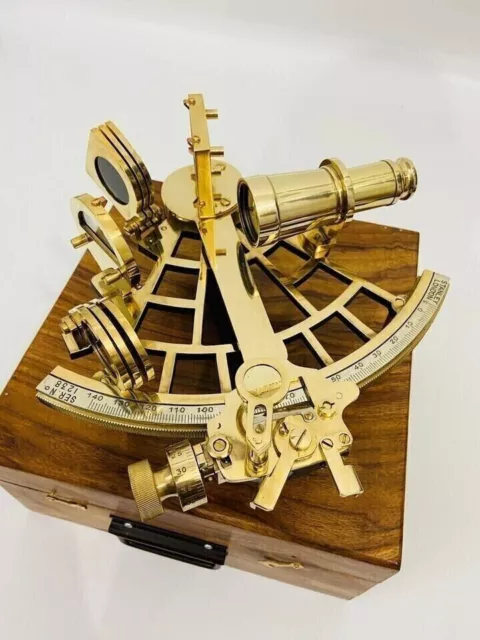 Vintage Nautical Maritime Working Brass Sextant With Wooden Box Style Handmade