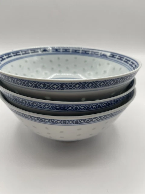 3 CHINESE BLUE and White Dragon Rice Pattern Bowl 8 inch $34.99 ...