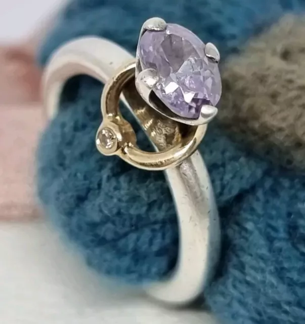 Genuine Pandora Silver & 14K Gold Lavender Zirconia Ring 0.01ct Diamond💕Size 50