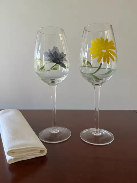 Hand Painted Wine Glasses Flowers  Set of 2
