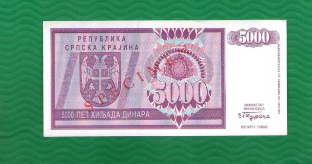 Croatia Hrvatska Knin  5000 Dinara   Aunc/ Unc  (027 ) Specimen Rare Banknote