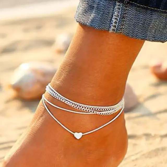 Ankle Bracelet Women Anklet Chain Silver Foot Sterling Beach Jewelry Heart Rope