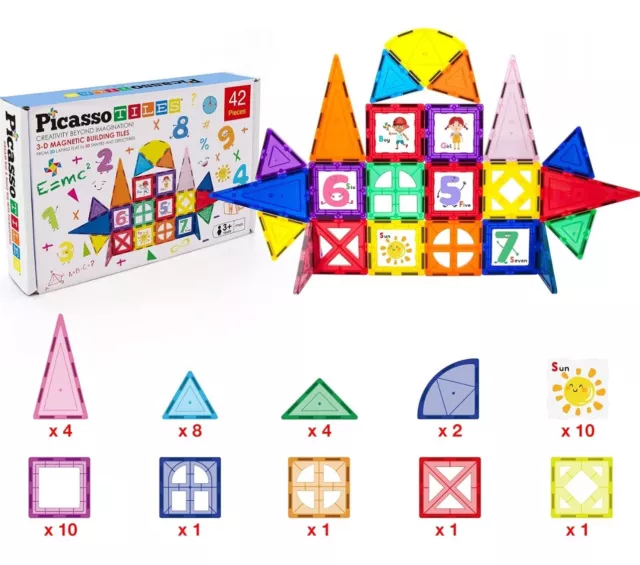 PicassoTiles 42 Childrens 42 Piece Set of Educational Magnet Building Tile Toy