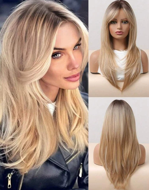 Perruque Synthétique Longue Blond Doré - Racine Foncée, Cheveux Lisses - Bonnet Monofilament Taille Moyenne +4 - Neuf Sans étiquettes