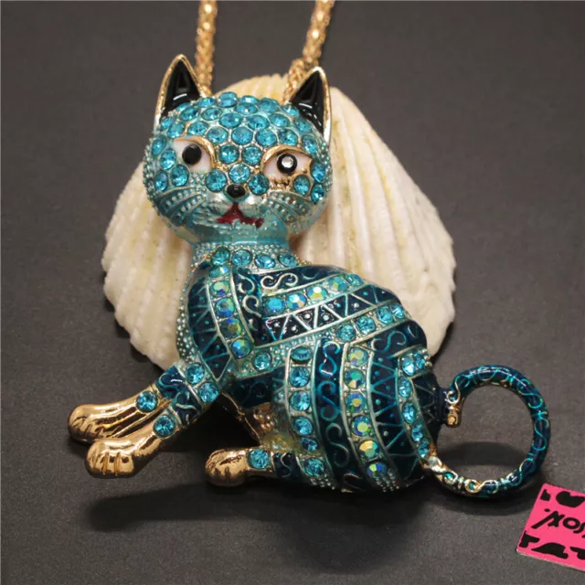 New Blue Bling Cute Cat Animal Crystal Betsey Johnson Pendant Women Necklace