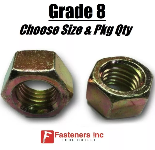 Zinc Plated Grade 8 Steel Hex Nuts Yellow Finished Nuts - 1/4" to 2-1/2"