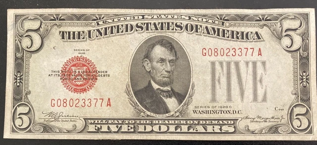 1928 Series C  Five Dollar $5 RED Seal United States Note Old US Bill XF/AU