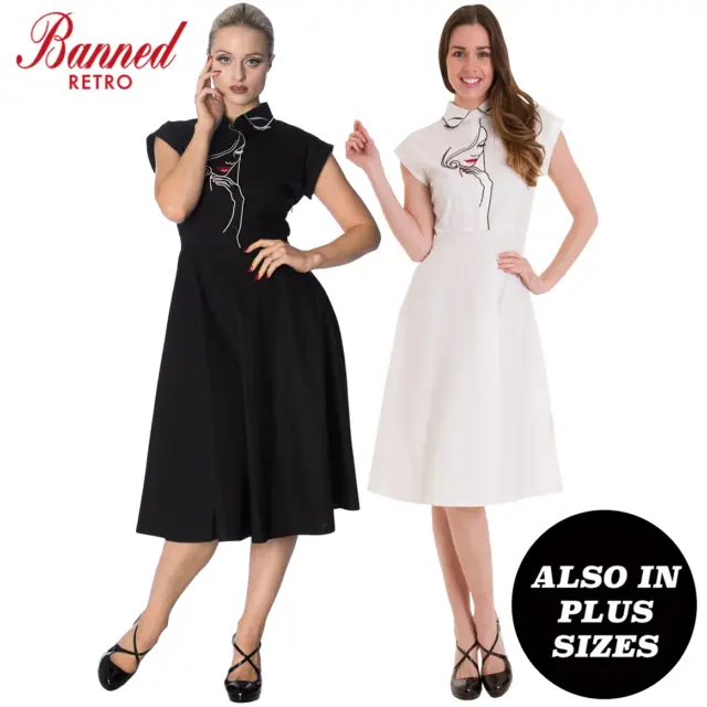 Banned Apparel Model Face Vintage Retro Collared Midi Fit & Flare Dress XS-4XL