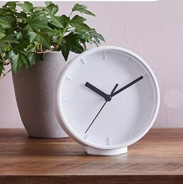 MND New Styling Small White Table Clock Brilliant White Finish With Black Hands.