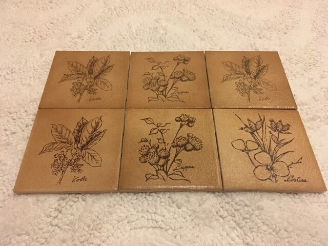 Mid Century 4x4 Tile lot Lappa Kola Listera Floral Tan Light Brown NOS Vintage