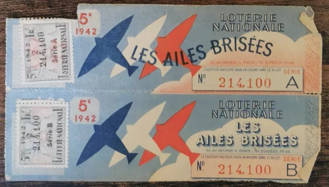 Billet de loterie nationale entier 1942 5e tr A et B entier  LES AILES BRISEES