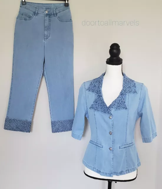 LAFEI-NIER DENIM JACKET &Jeans Cropped Women sz 2 Crystals Beaded  Embroidery £36.67 - PicClick UK