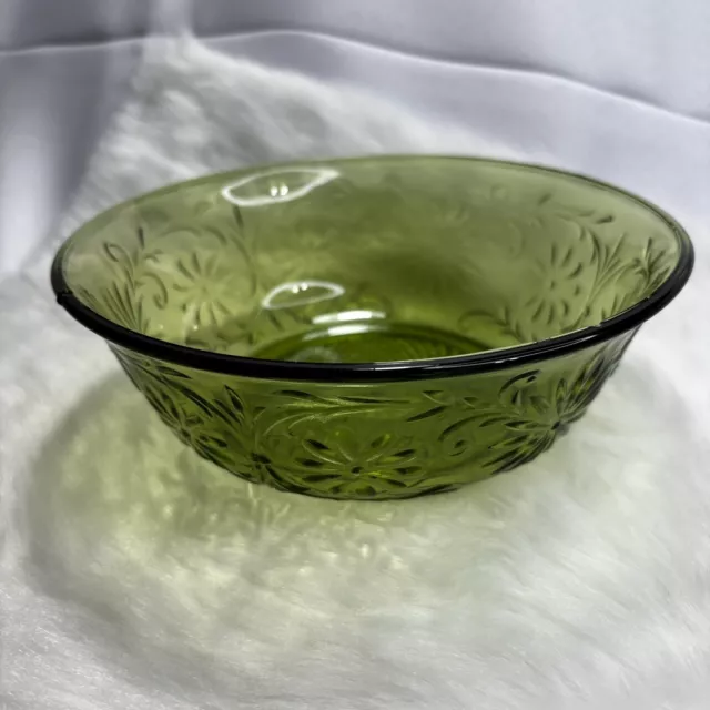 1970s Indiana Glass Company Daisy Pattern Glass Bowl Avocado Green, A Few Nicks