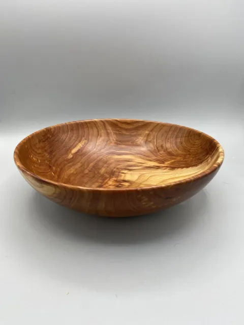 Signed Cherry Wood Hand Turned Round Bowl  Unique Worm Holes In Design