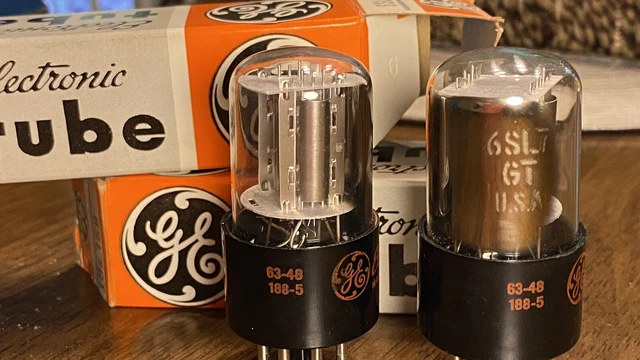 Matched Pair 1963 GE 6SL7GT Vacuum Tubes Silver Plates, Black Base, Chrome Sides