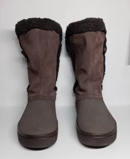 Crocs Womens Size 8 Boots Modessa Synthetic Suede Button Shoes Brown