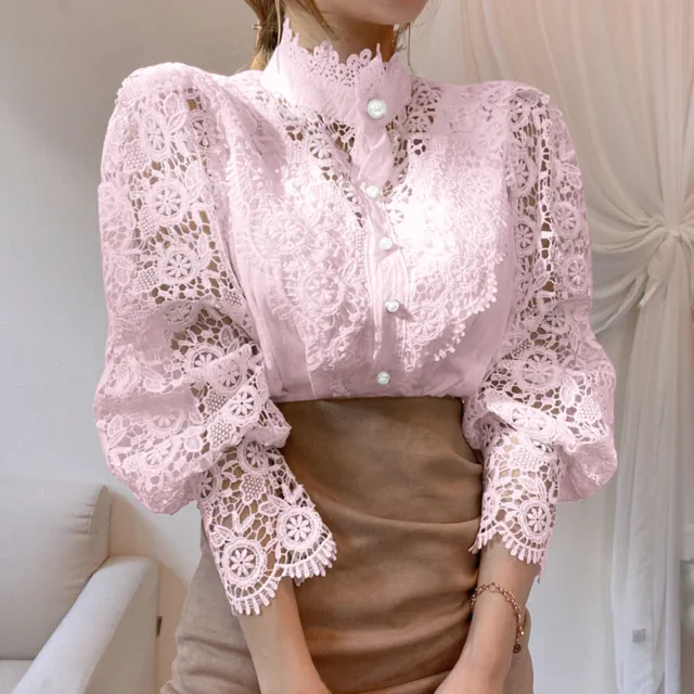 Women Shirts Casual T-Shirt Stand Collar Lace Patchwork Flower Long Sleeve Tops