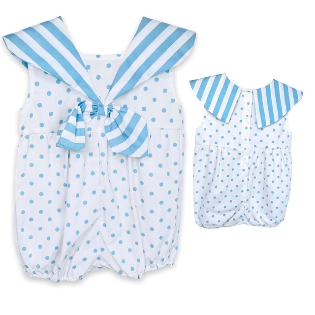 NWT NOS Cuties by Judy Baby Girl Blue Polka Dot Sailor Bubble Romper Outfit 24m