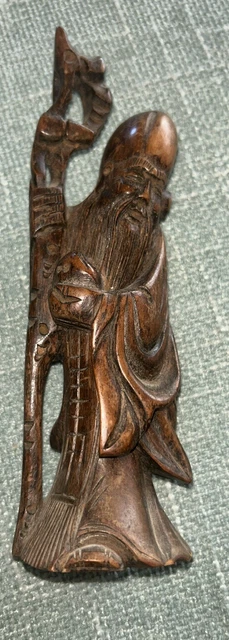Shao Lao Chinese God Of Longevity Vintage Hand Carved Wooden Sculpture Figure 7”