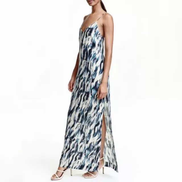 H&M Sleeveless Printed Silk Maxi Slip Dress White/Blue Size 10 NWT