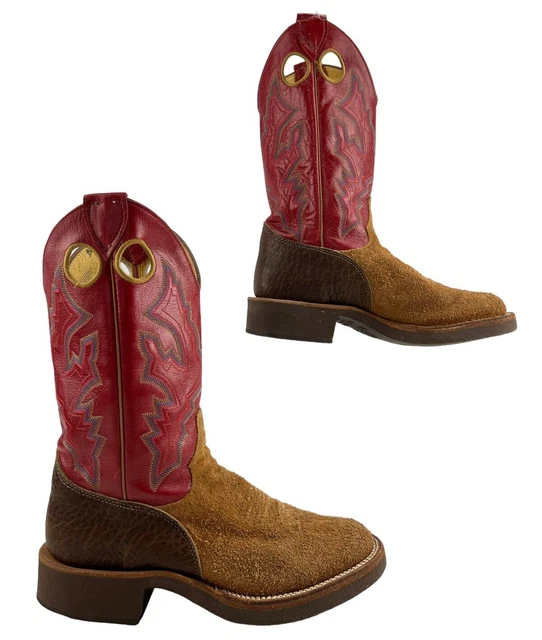 Ladies Justin USA Red  Brown Leather Round Toe Western Cowgirl Boots Size: 7.5 B