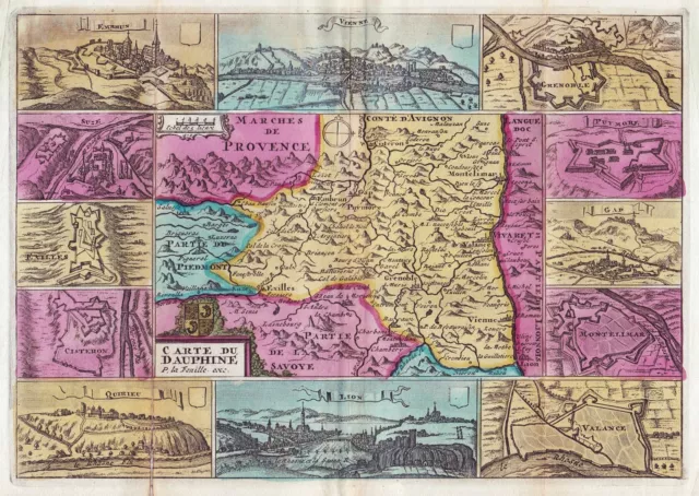 Dauphine Lyon Grenoble Montelimar carte map Karte gravure la Feuille 1711