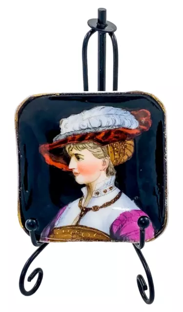 Antique 19C German KPM porcelain pin trinket dish miniature plaque portrait lady