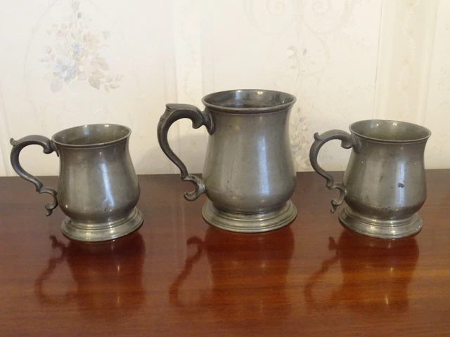 Antique Vintage Pewter Pint Mug Tankard & Two 1/2 Pint Mugs, Barware 2