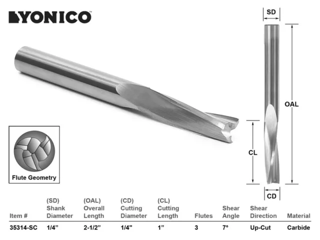 1/4" Dia. Low Helix Upcut End Mill CNC Router Bit - 1/4" Shank - Yonico 35314-SC