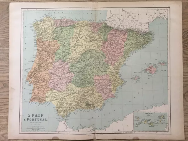 1864 Spain & Portugal Large Original Antique Map by William Hughes 69 cm x 54 cm