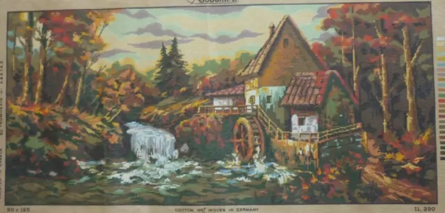 TAPESTRY CANVAS GOBELIN COUNTRY SCENE WATERWHEEL STREAM HOUSE ETC 110 x 50 cm's